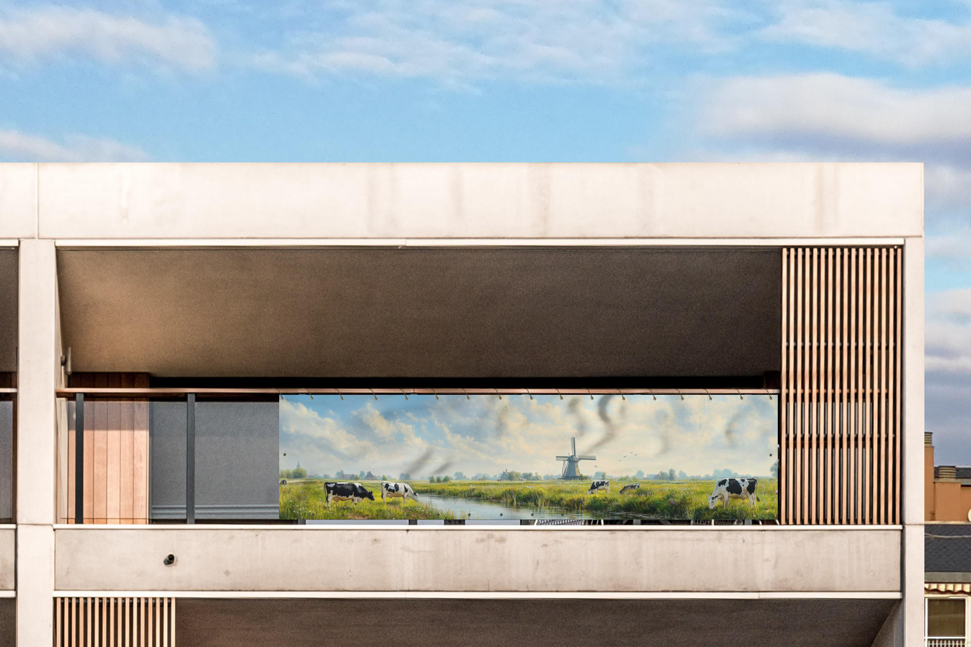 BALKON-SICHTSCHUTZ Kühe - Windmühle - Wiese - Blau - Grün, Kunststoff (500/130cm) - MuchoWow