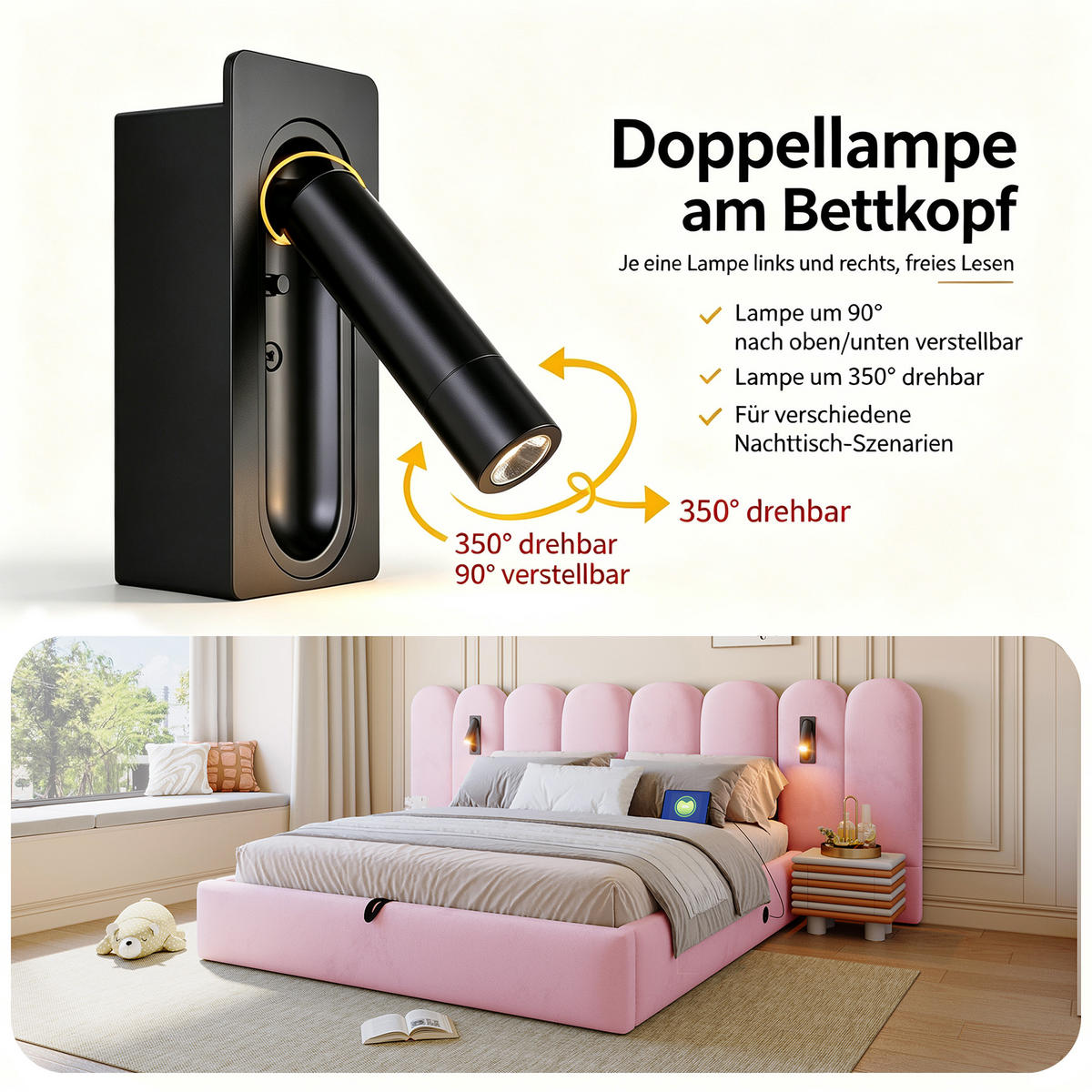 BOXBETT 180/200 mit Wolken Kopfteil, Bettkasten/Leselampe/USB, Samt, Rosa - Rosa, Holz/Textil (180/200cm) - LVHOM