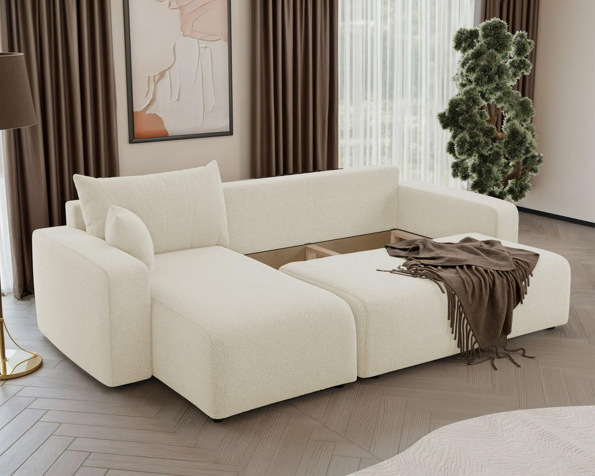 ECKSOFA Pianoni Creme Bouclé-Bezug - Creme/Schwarz, Kunststoff/Textil (244/140cm) - Selsey