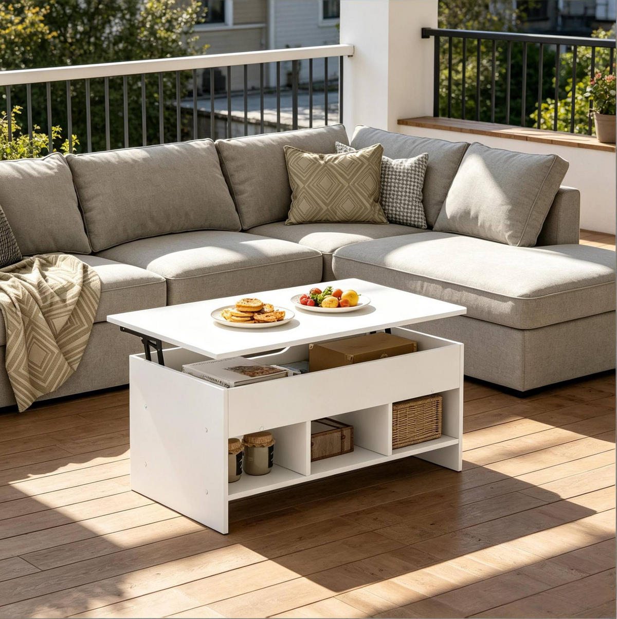 COUCHTISCH aus Holz & Metall 96x51x60.5 cm in Weiß mit Lift-Top & Stauraum - Weiß, Holzwerkstoff (96/51/60.5cm) - Modfu
