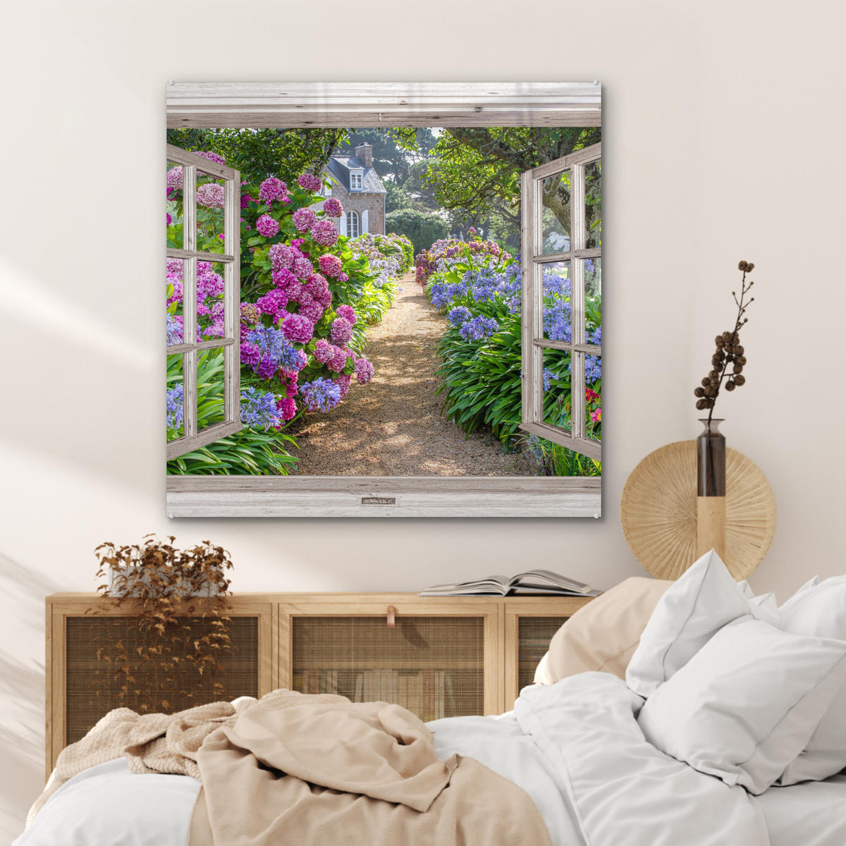 ACRYLGLASBILD Hortensie - Durchsichtig - Blumen - Sommer - Lila - Weg 90x90 cm - Lila, Glas (90/90cm) - MuchoWow
