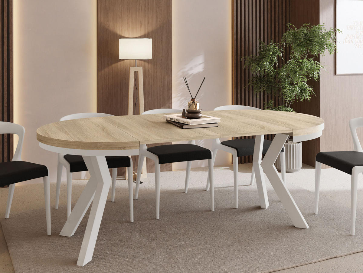 ESSTISCH Savio Weiß Neo rund ausziehbar verlängerbar XXL, Eiche Sonoma Hellbraun 100-300/100/77 cm - Weiß/Sonoma Eiche, Holz/Holzwerkstoff (100/100/77cm) - WFL GROUP