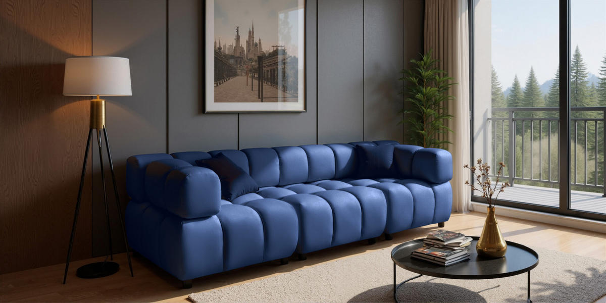 SOFA 4-Sitzer Modular, Couch, Veloursstoff Bluvel, Tintenblau, Bolla - Blau, Holz (192/71/96cm) - Kaiser Möbel