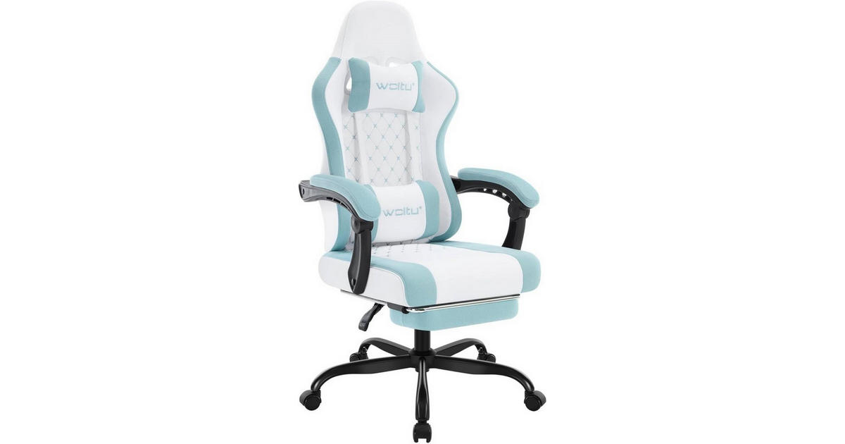 WOLTU Gamingstoel met massagefunctie, computerstoel met pocketveringkussen, ergonomische draaistoel met hoofdkussen, lendenkussen, voetensteun, 150 kg, technische stof, grijs geel, GS07gr