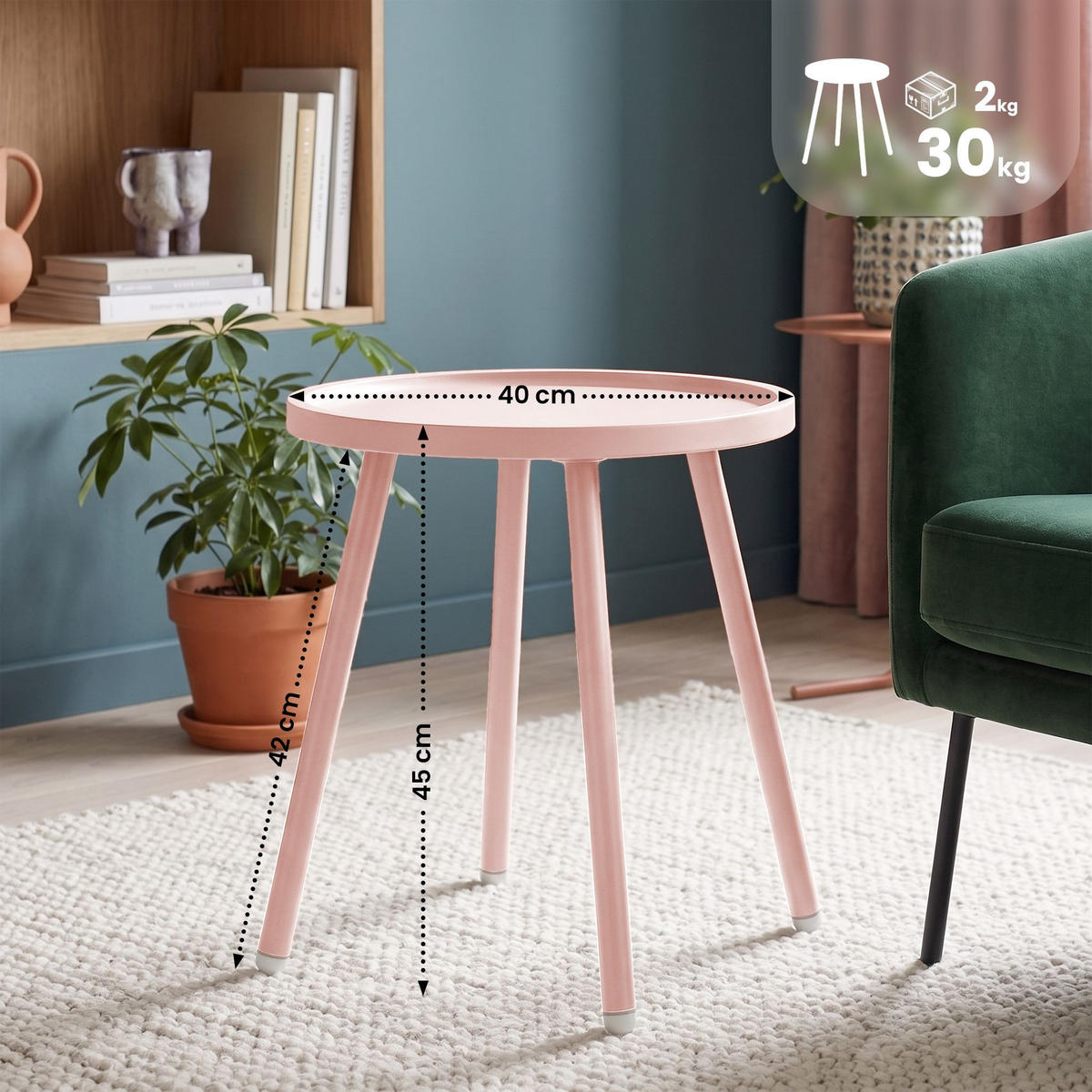 BEISTELLTISCH rund 40 cm Kunststoff Rosa - Rosa, Kunststoff/Metall (40/40/45cm) - CLP
