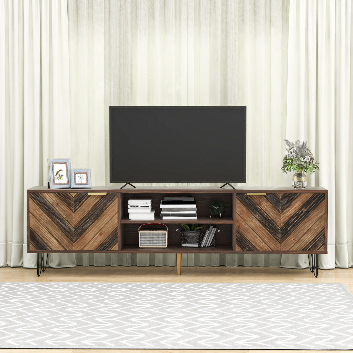 TV-LOWBOARD mit 2 Türen 155 cm Holzfarbe mit Eisenfüßen - Braun, Holzwerkstoff (38/48/155cm) - Beauniv