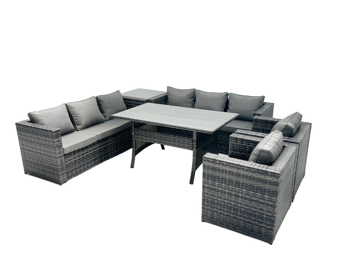 SITZGRUPPE mit Beistelltisch Polyrattan Dunkelgrau 8-Sitzer - Dunkelgrau/Grau, Glas/Kunststoff - Fimous