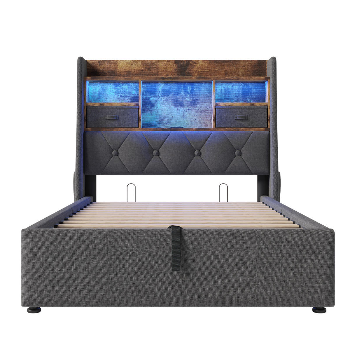 POLSTERBETT 90/200 cm grau aus Leinen mit LED, Stauraum und Matratze - Grau, Textil (90/200cm) - OKWISH