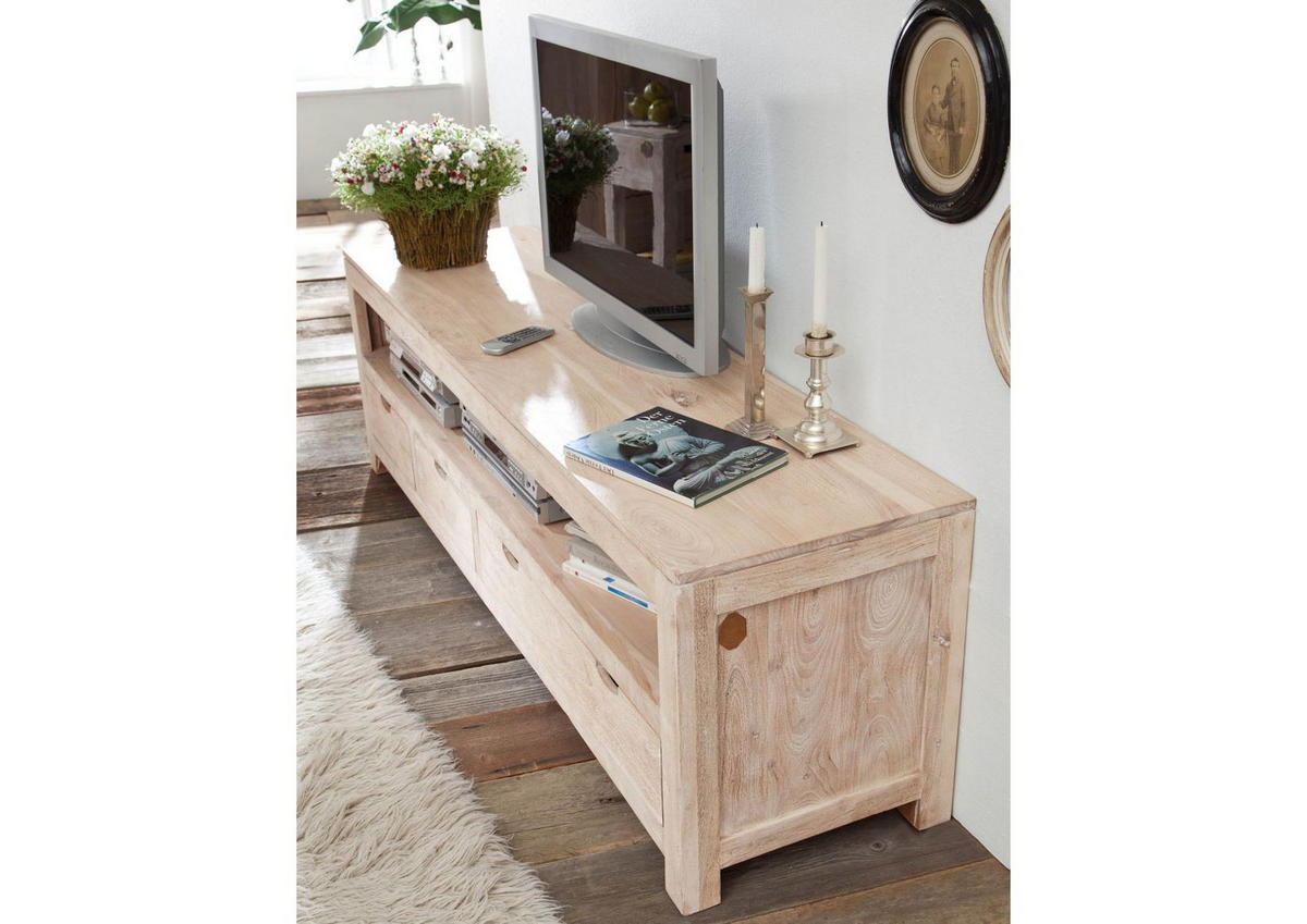 TV-BOARD Akazie 190x50x60 white stone getüncht NATURE WHITE #44 - Beige, Holz (190/60/50cm) - Massivmoebel24