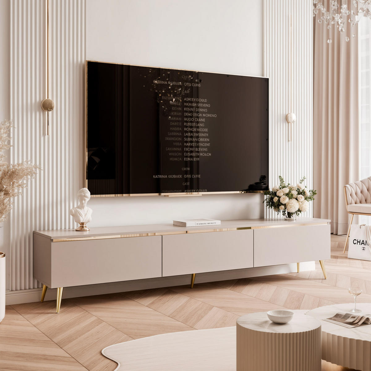 TV-SCHRANK SELIA 200 cm auf Füßen, Kaschmir mit goldener Zierleiste und LED-Beleuchtung - Kaschmir, Holzwerkstoff (200/42/35cm) - Idohome