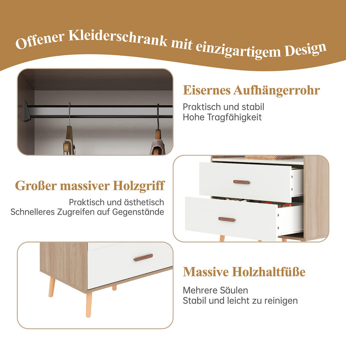 KINDERREGAL in Weiß und Naturfarben Kleiderschrank mit Kleiderstange und Schubladen für Kinderzimmer, B80/T46/H141.5cm - Naturfarben/Weiß, Holz/Holzwerkstoff (80/141.5/46cm) - STILVORA