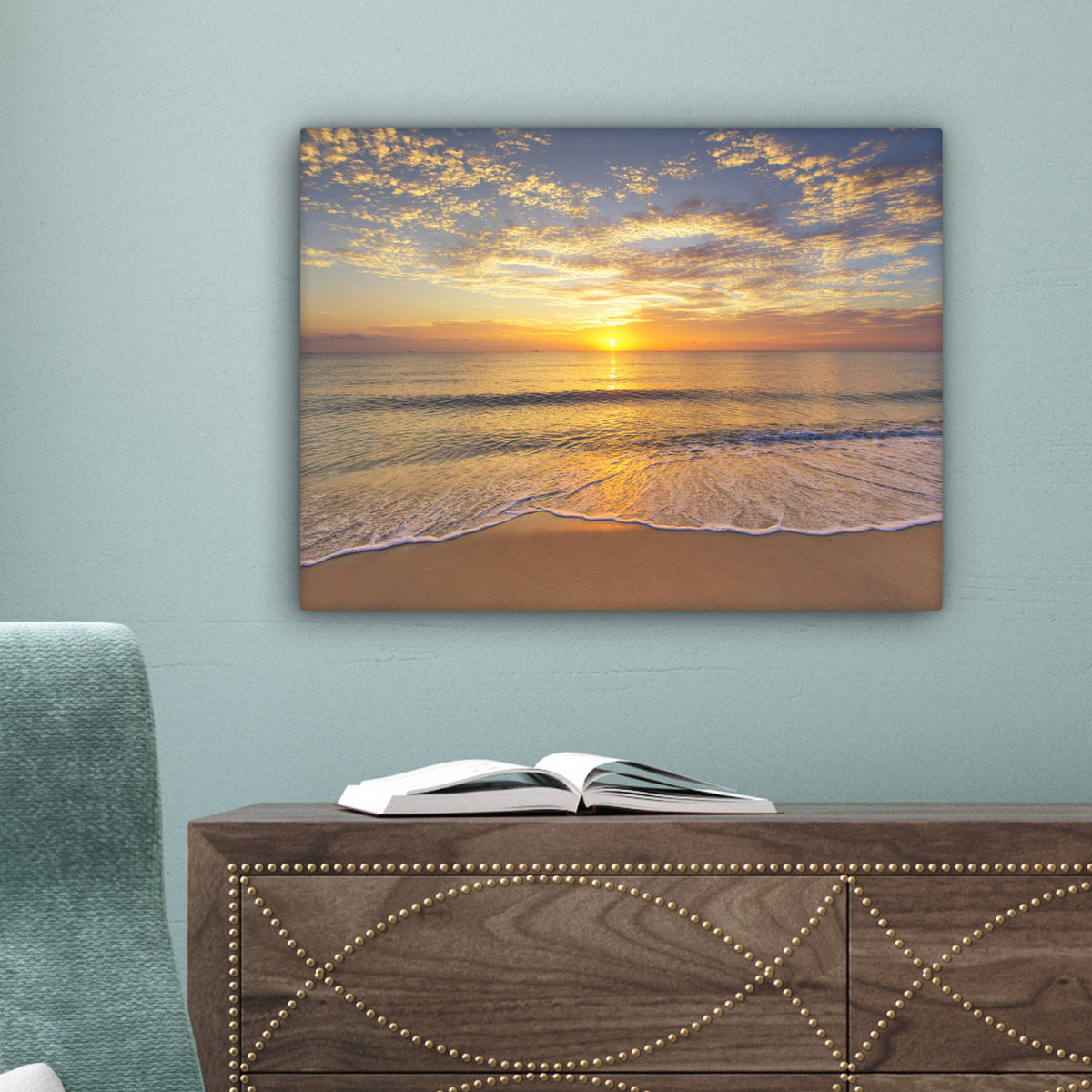 LEINWANDBILD Strand - Sonnenuntergang - Meer Wandbild 40x30 cm - Gelb, Textil (40/30cm) - MuchoWow