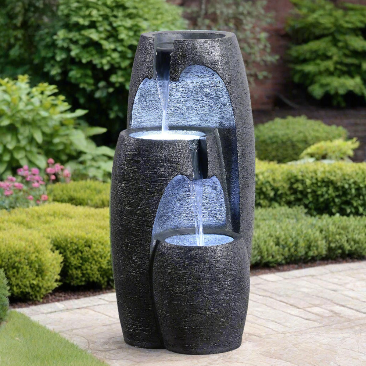GARTENBRUNNEN 3-stufig schwarz - Schwarz, Kunststoff (35/36/71cm) - Teamson Home
