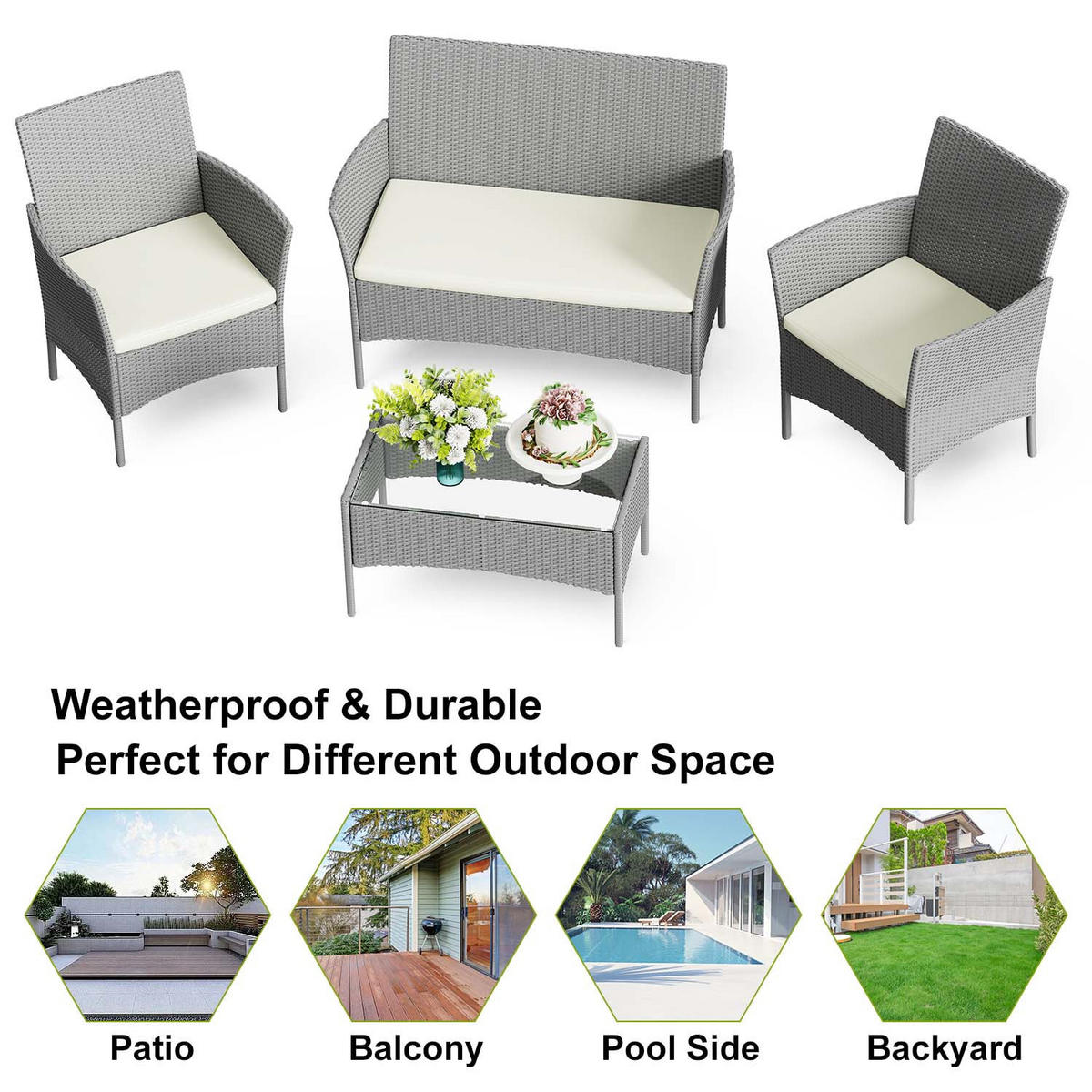 ECKSOFA Loungeset 4tlg Grau Gartensofa Set - Grau, Textil - Rattrix