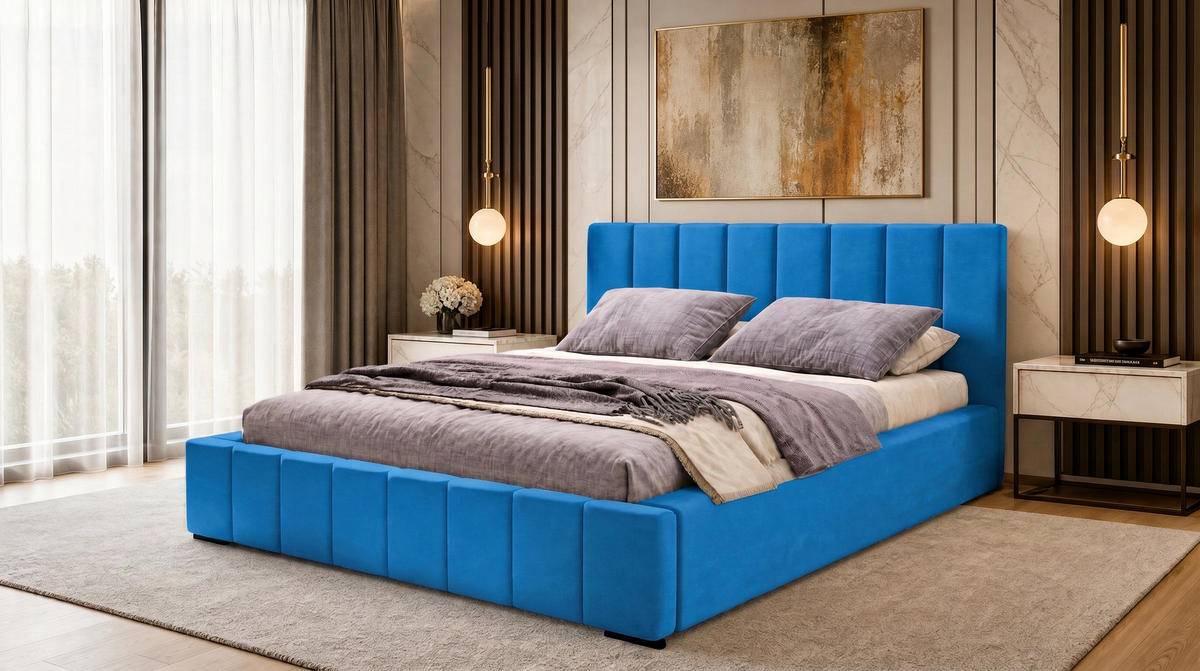 MARPUR Polsterbett NERO 180x200 cm mit Bettkasten und Lattenrost, Blau - Chromfarben/Blau, Holz/Holzwerkstoff (180/200cm) - Marpur