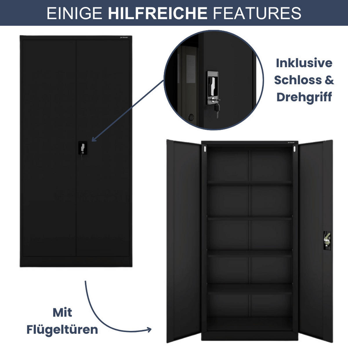 AKTENSCHRANK abschließbar 4er Set KADO 185x90x40cm Schwarz - Schwarz, Metall (90/185/40cm) - DELUKE