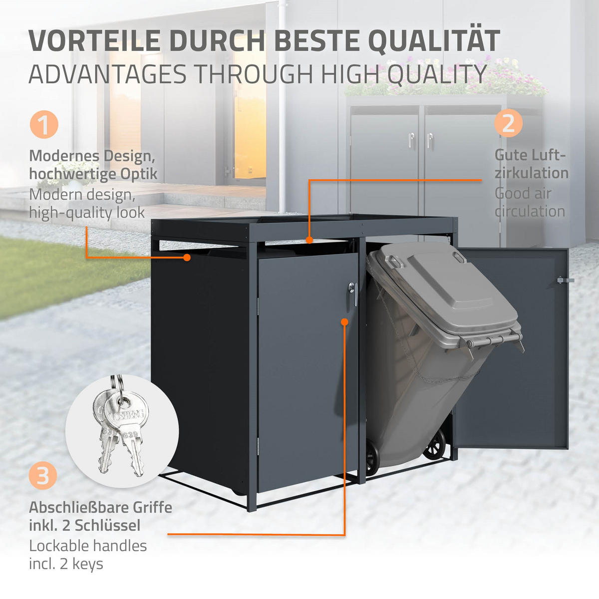 MÜLLTONNENBOX 4er mit Pflanzdach Anthrazit - Anthrazit, Metall (80/124/264cm) - ML-DESIGN