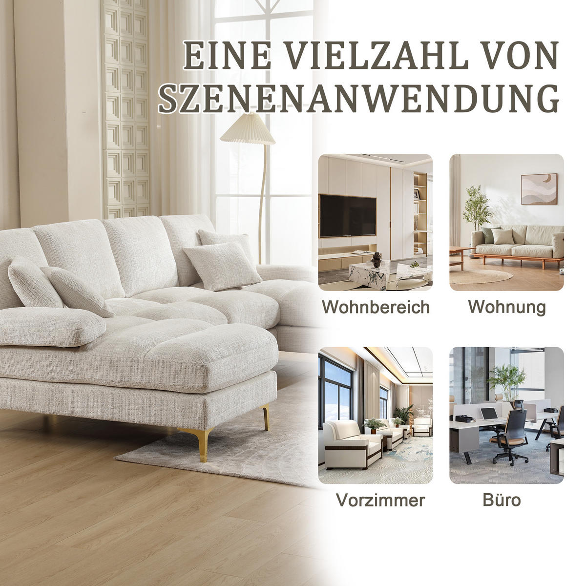 WOHNLANDSCHAFT U-Form Chenille mit 2 Liegeflächen 272/136/88 cm Beige - Beige, Textil/Metall (136/88/272cm) - Redom