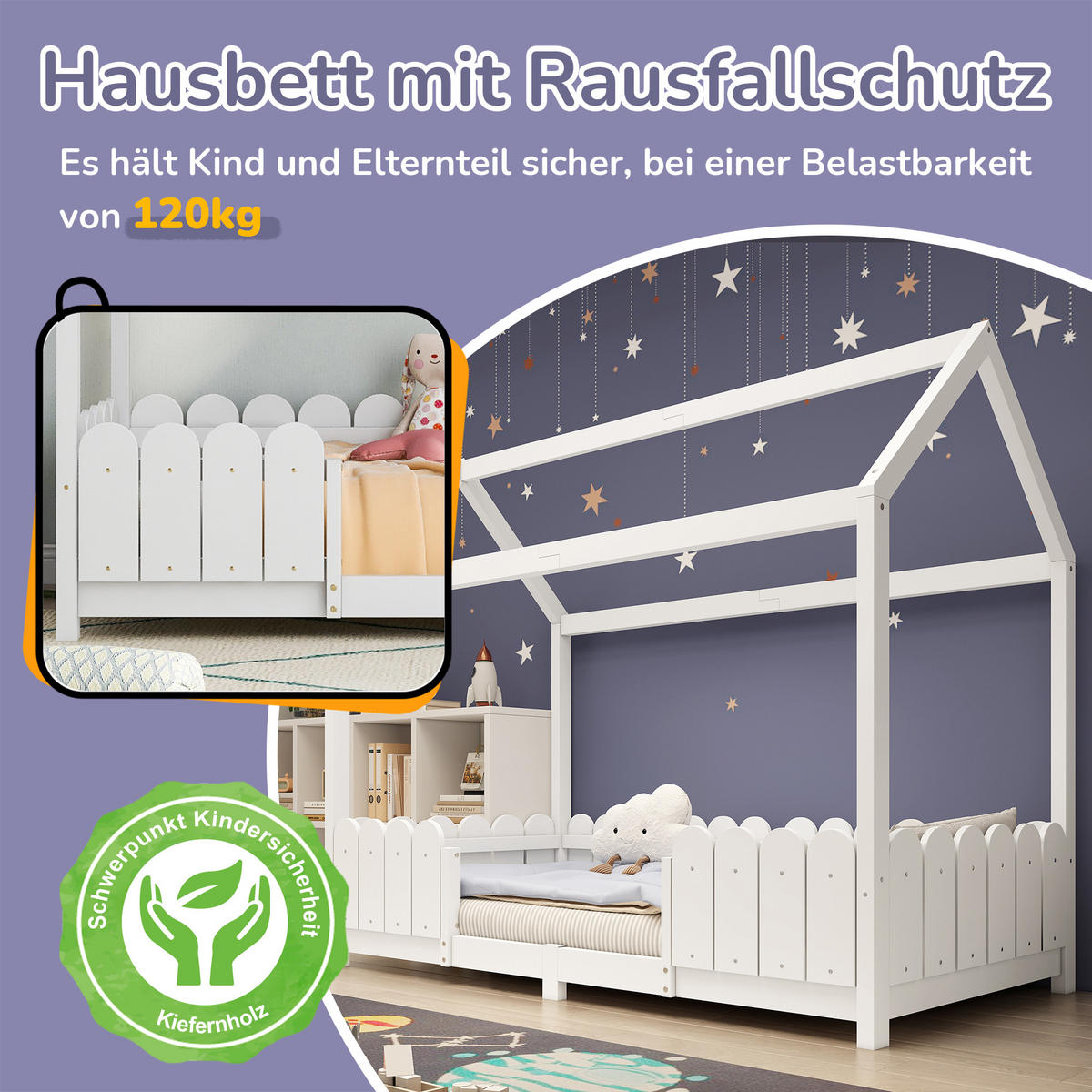 KINDEREINZELBETTEN aus Massivholz 90x200 cm in Weiß mit Rausfallschutz & Lattenrost - Weiß, Holz (90/200cm) - Modfu