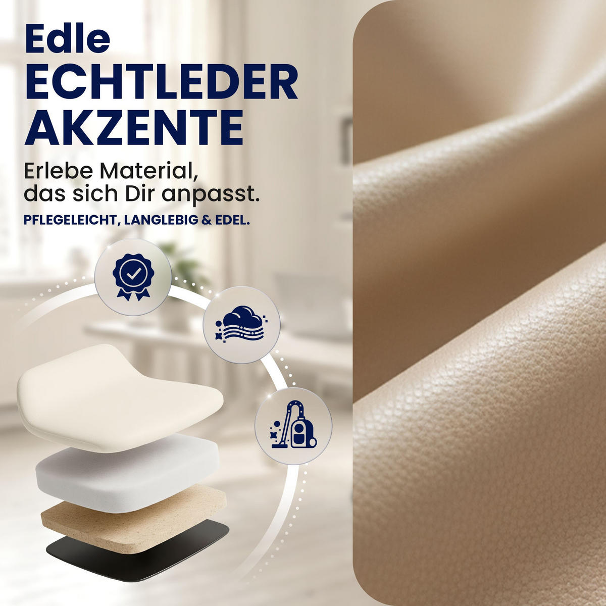 CHEFSESSEL Echtleder Creme - Chromfarben/Creme, Leder/Metall (69/118/64cm) - CLP