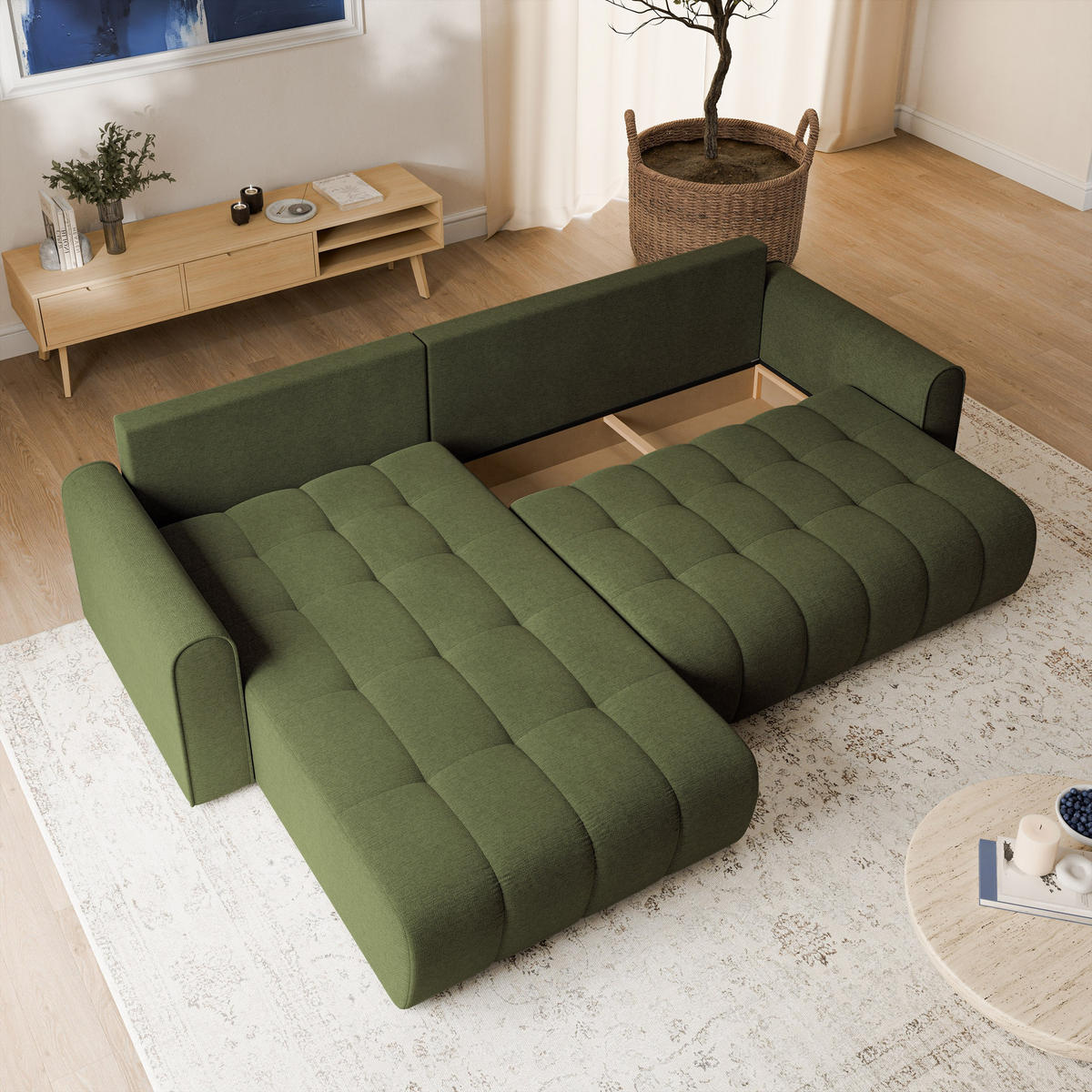 ECKSOFA FRIGA Olivgrün Strukturstoff mit Schlaffunktion - Olivgrün, Holz (283/185cm) - MASSENO