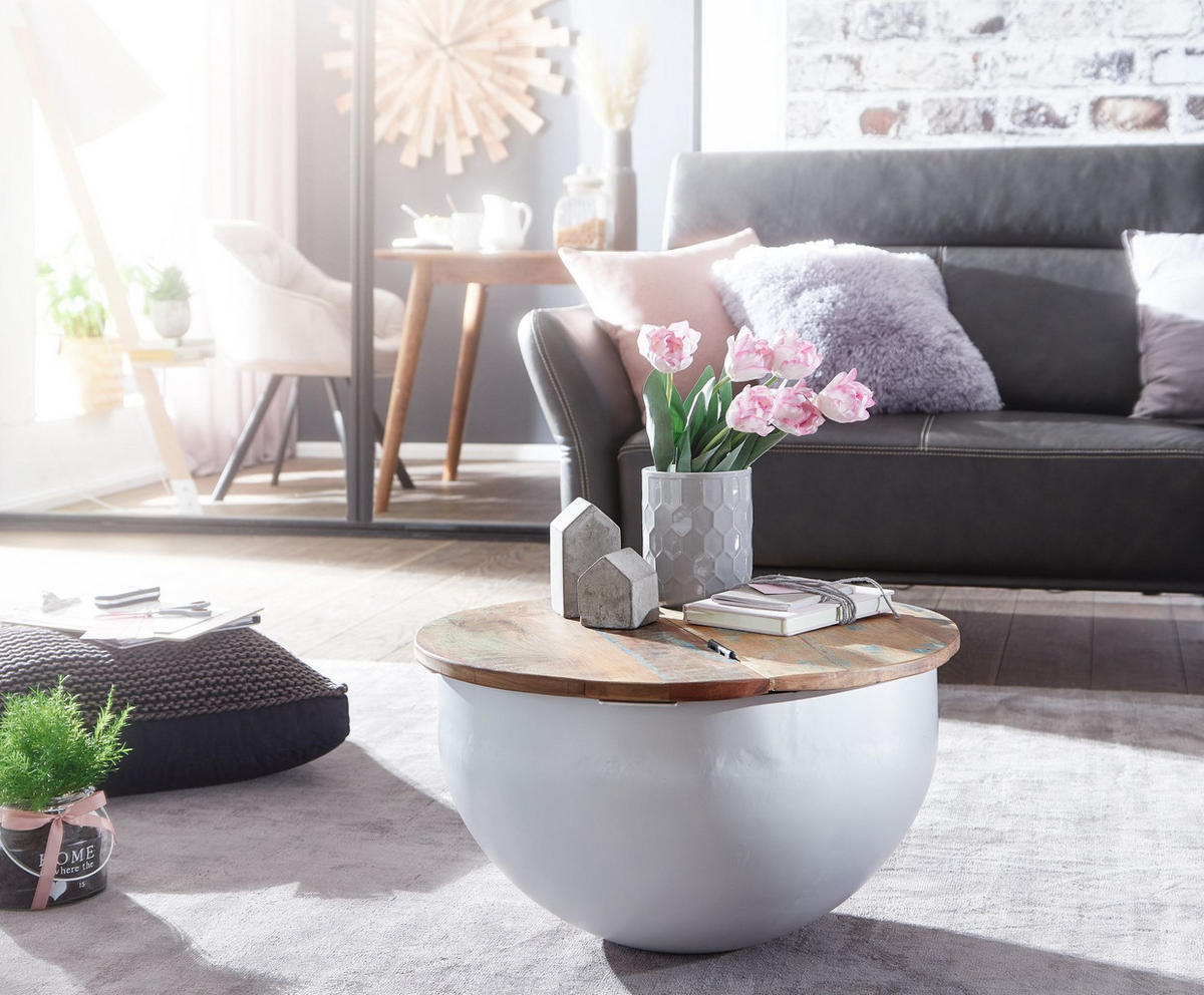 COUCHTISCH Industrie Stil mit klappbarer Tischplatte, Aufbewahrung, Massivholz, Metallkörper, Weiß 60x60x34 cm - Weiß, Holz/Metall (60/60/34cm) - KADIMA DESIGN