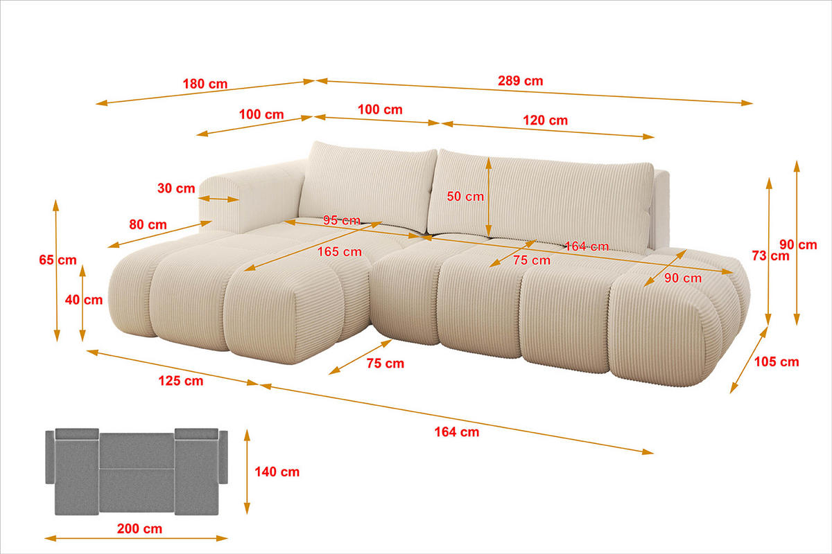 ECKSOFA Ottomane Links CLOUD-L 289x180x40 Beige Cord - Beige, Holzwerkstoff/Kunststoff (180/289cm) - ALTDECOR