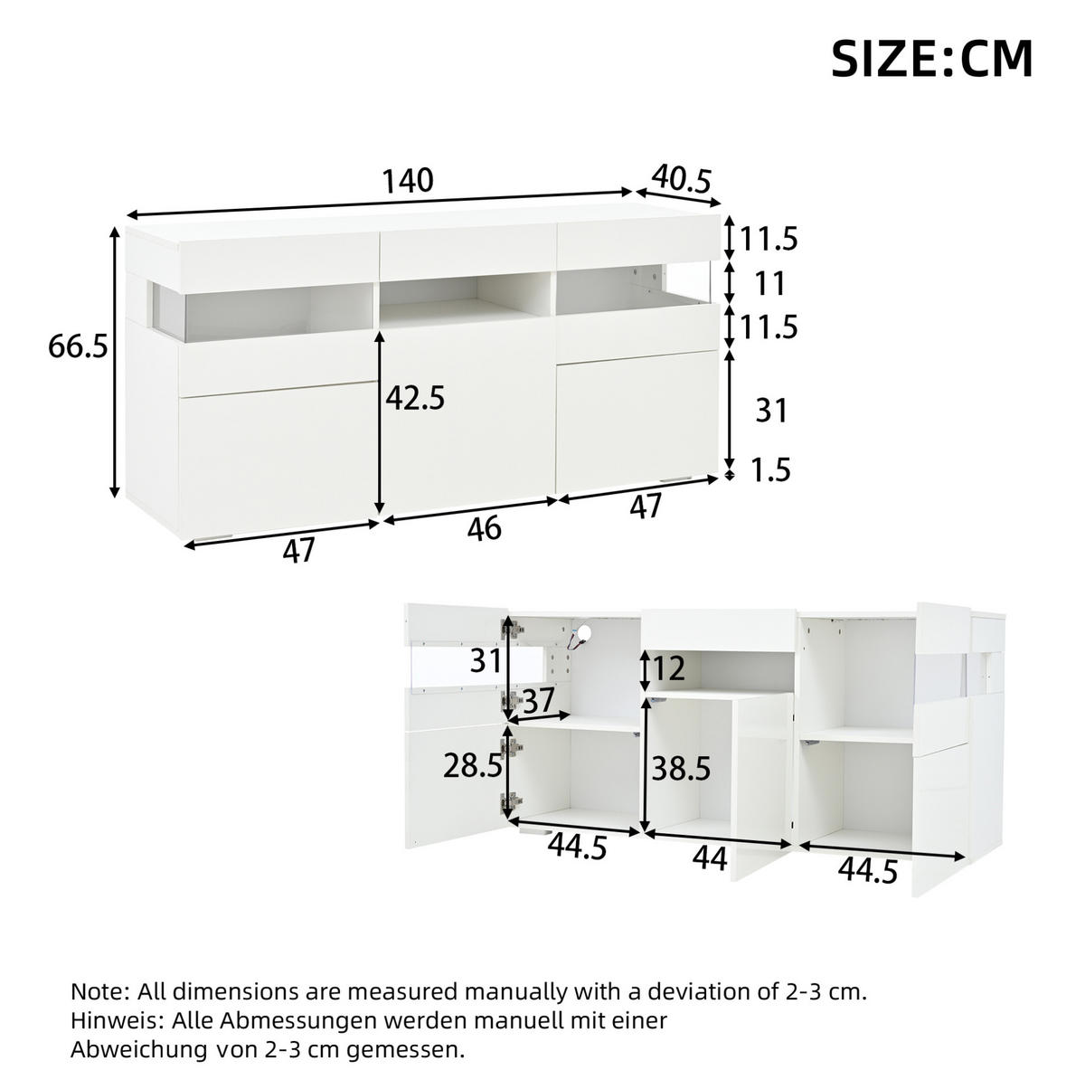 SIDEBOARD 140/40,5/66,5 cm, 3 Türen, Hochglanz-Front und app-gesteuerte LED für Wohnzimmer，Weiß - Weiß, Holzwerkstoff (140/66.5/40.5cm) - Redom