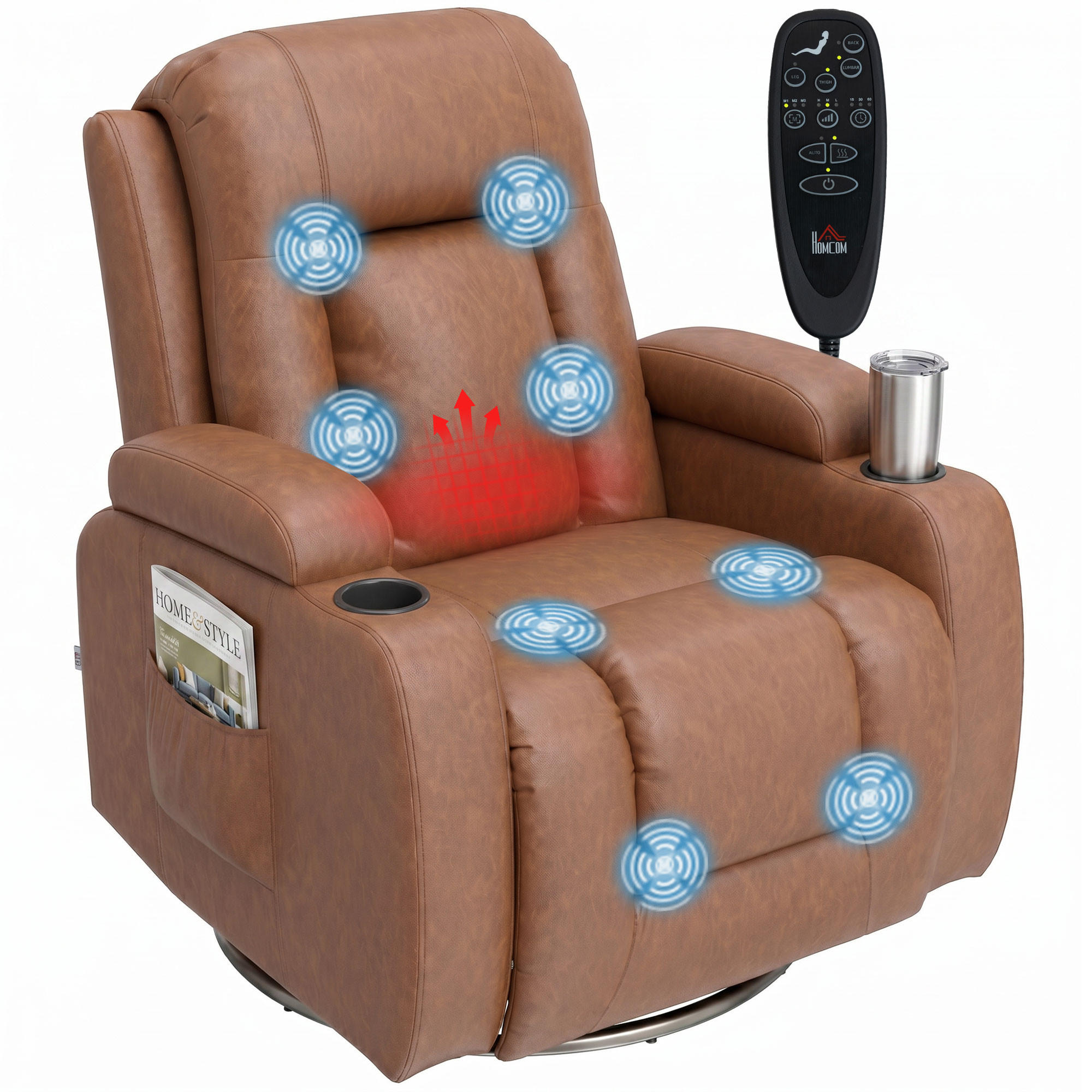 MASSAGESESSEL,MANUELL 150° Wärme Fernbedienung Getränkehalter PU-Leder,hellbraun - Braun, Leder (85/104/94cm) - Vallsero