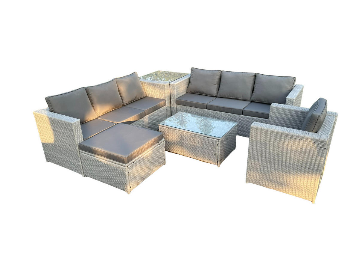 GARTENMÖBEL SET mit Couchtisch Polyrattan Helles Grau 8-Sitzer - Hellgrau, Metall - Fimous