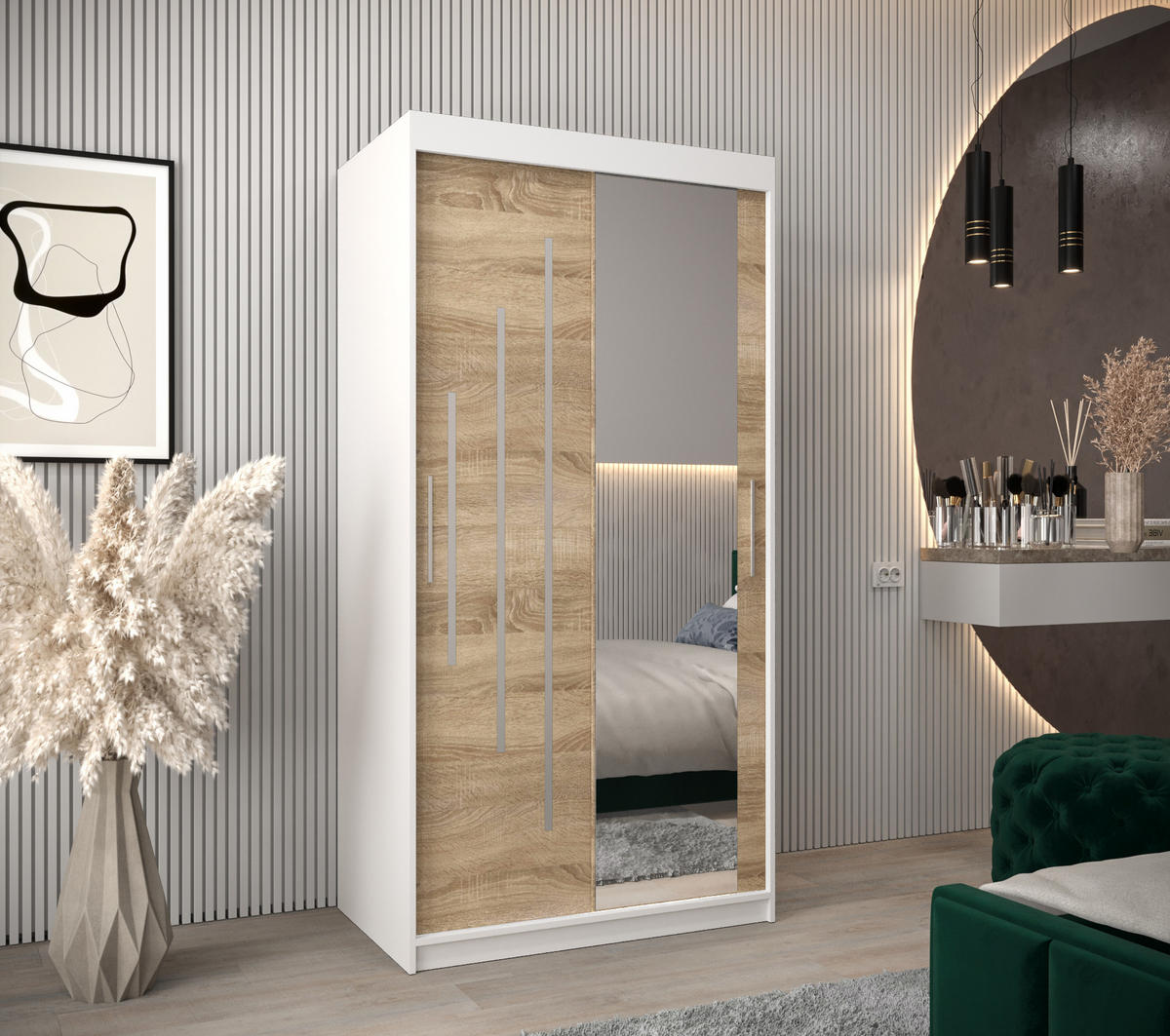 SCHWEBETÜRENSCHRANK 200/100/62 2-türig - Silberfarben/Weiß, Holz/Kunststoff (100/200/62cm) - Abiks Möbel