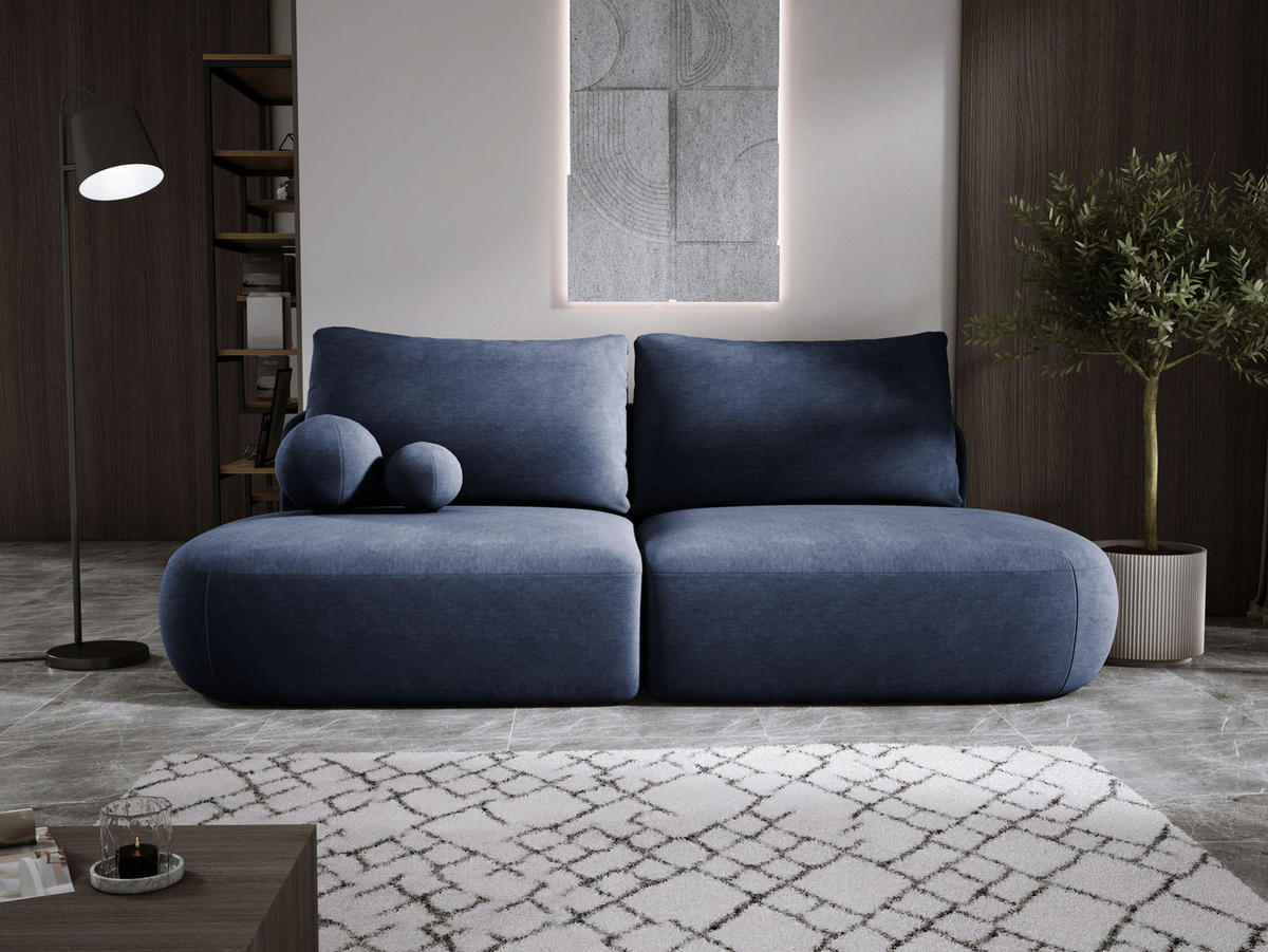 SCHLAFSOFA Moderne BABU mit Schlaffunktion – 3-Sitzer Sofa mit Bettkasten, DL-Automat, 2 Rückenkissen, 2 Zierkissen, 240x90x90 cm, Blau - Blau, Holz/Textil (240/90/90cm) - DomoHome