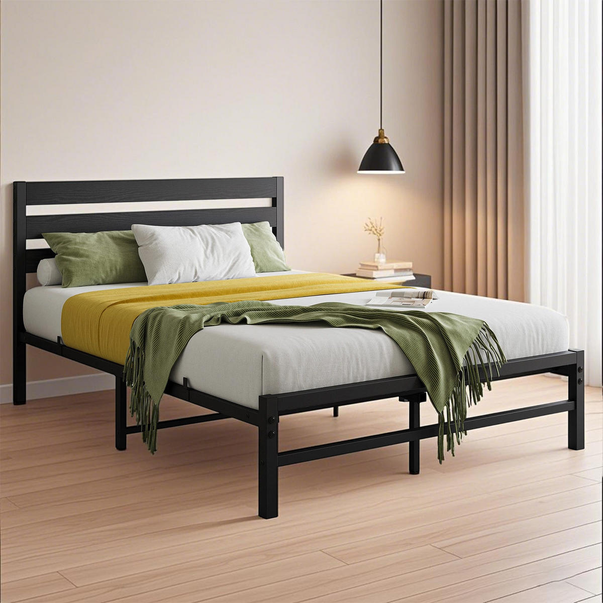 METALLBETT 90/200 cm Schwarz mit komfortablem Kopfteil - Schwarz, Metall (90/200cm) - OKWISH