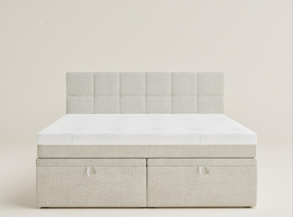 BOXBETT 140/200 cm Gotu S, in Beige, Matratze, gepolstertes Kopfteil, Bettkasten, H3 = fest - Beige/Schwarz, Holz/Holzwerkstoff (140/200cm) - Maison de Reve