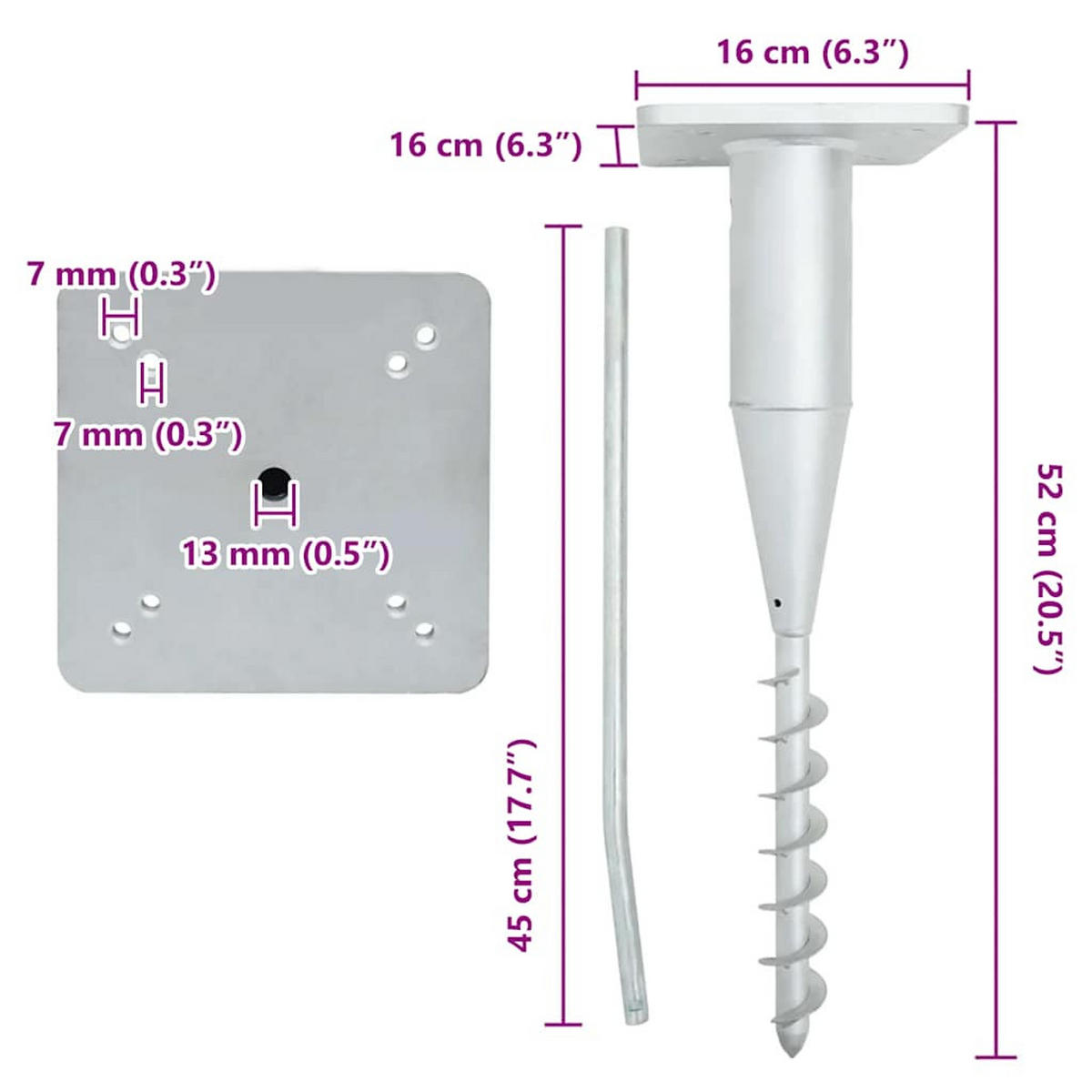 BODENHÜLSE Für Sonnenschirm Mit Stange 16/16/52 Cm Stahl - Silberfarben, Metall (16/16cm) - vidaXL