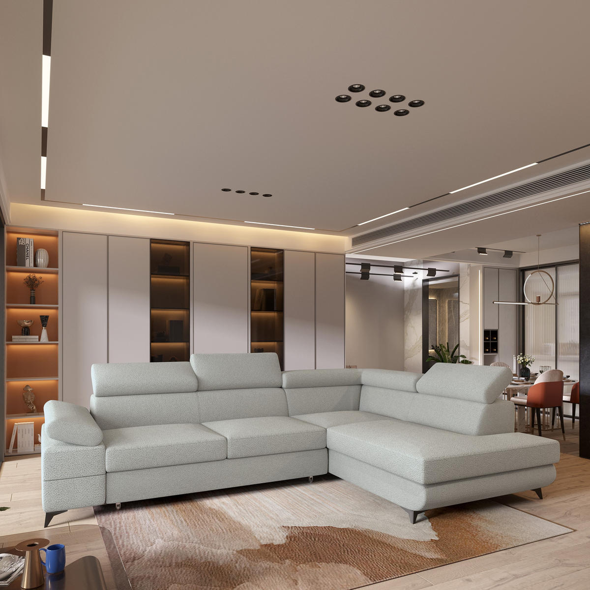 ECKSOFA FAVIEN R-S Hellgrau Boucle-Stoff mit Schlaffunktion - Hellgrau, Holz (257/190cm) - MASSENO
