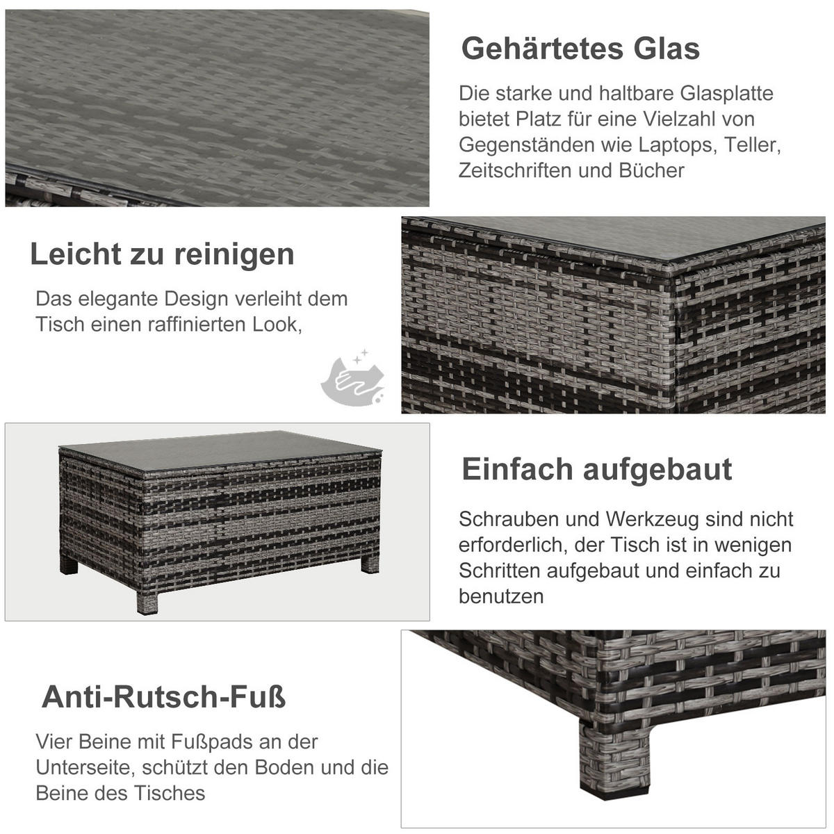 COUCHTISCH Rattan, Metall, Gehärtetes Glas, Grau - Grau, Kunststoff (85/50/39cm) - Outsunny
