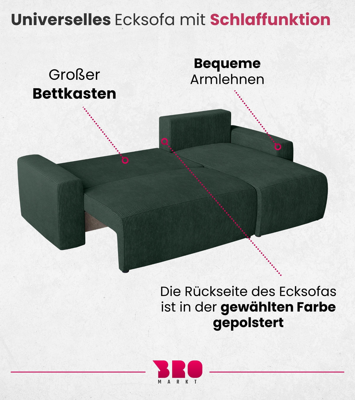 ECKSOFA PLUSH mit Schlaffunktion Grün Cord - Grün, Textil (240/145cm) - Bromarkt