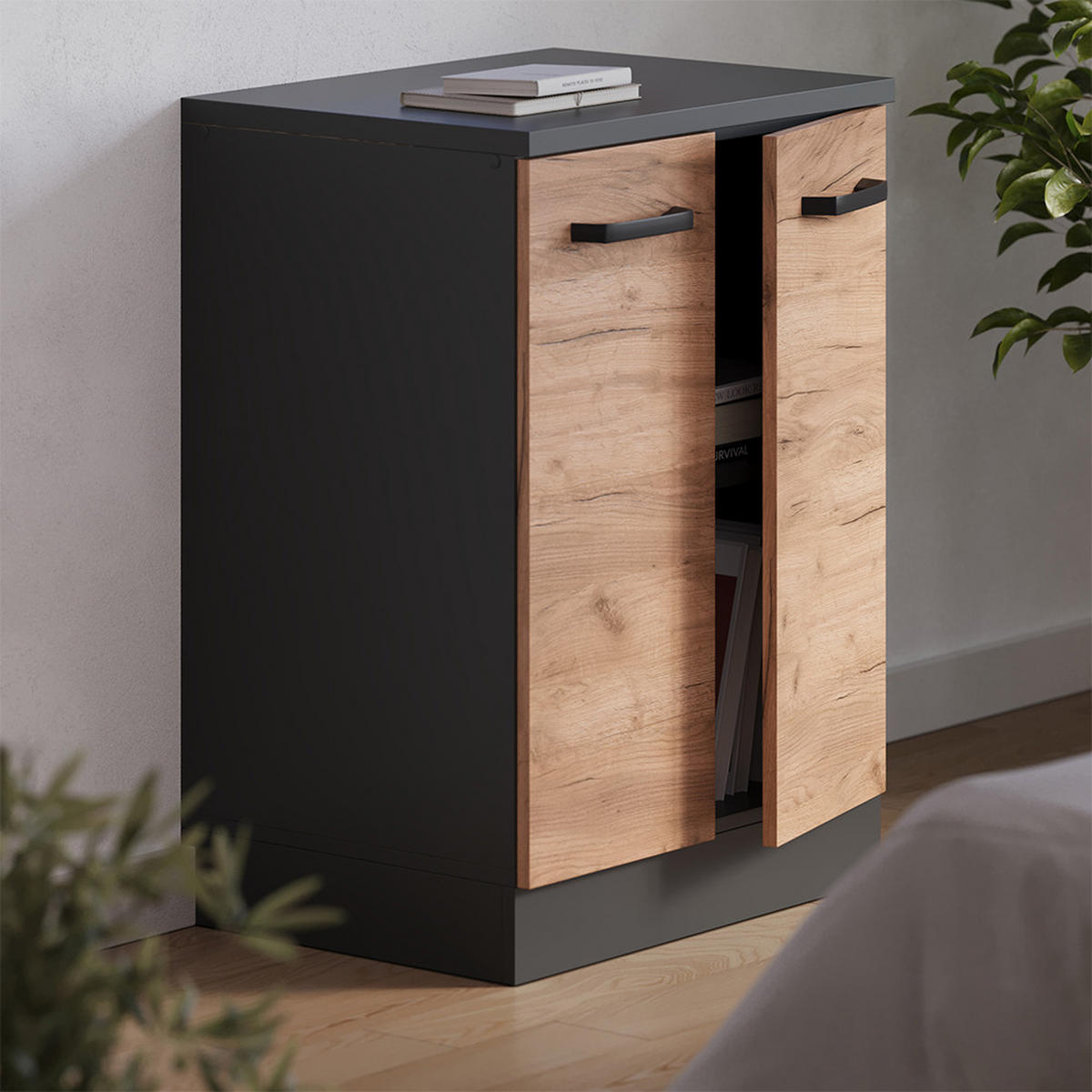KUHINJSKA OMARA ZA POŠEVNE STREHE R-Line, Zlati hrast z močjo, 60 cm brez naklona z 2 vrati - medeni hrast/antracit, leseni material (60/83.8/46cm) - Vicco