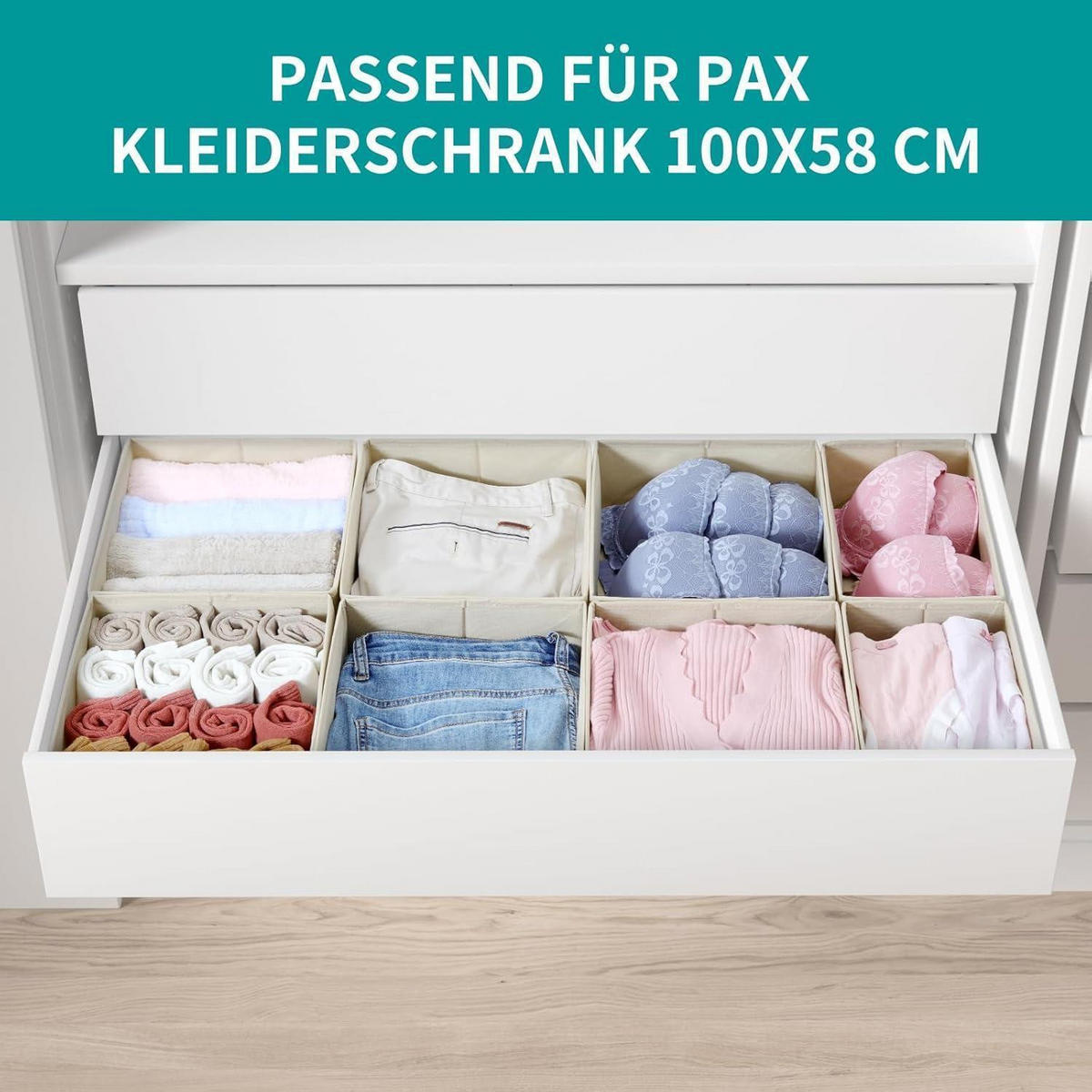 SCHUBLADEN Organizer 8er Set Beige für PAX Kleiderschrank 100x58 cm - Beige, Textil (24/11/26cm)