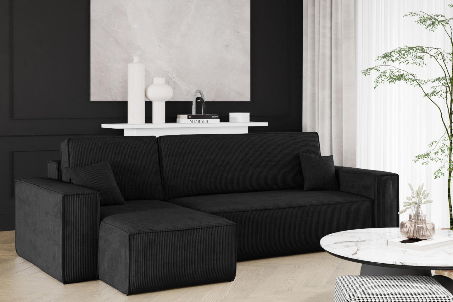 ECKSOFA Mit Schlaffunktion Und Bettkasten BEST Stoff Poso Dicker Cord Schwarz Links - Schwarz, Holz/Textil (142/244cm) - Kaiser Möbel