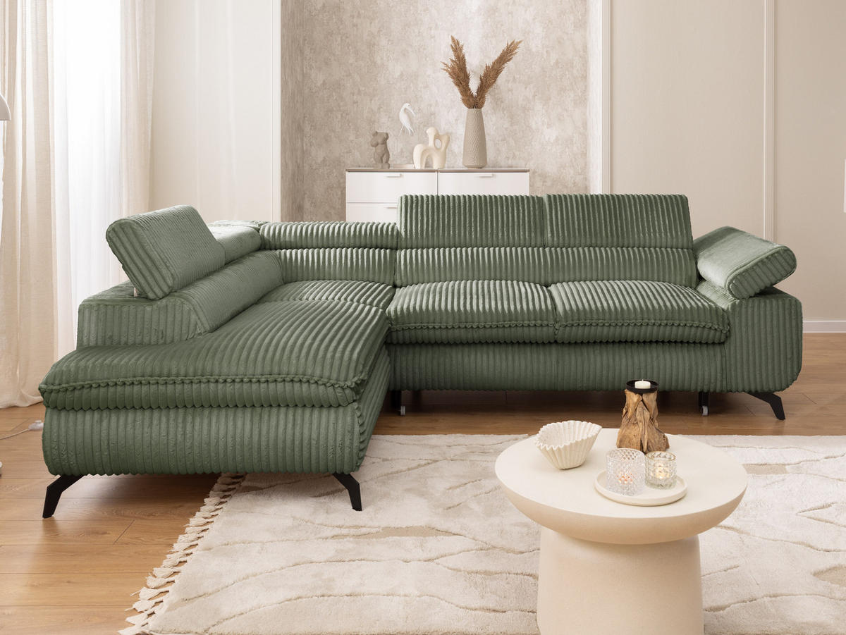 ECKSOFA mit Schlaffunktion und Bettkasten Bonnie aus Olive Cord-Stoff mit verstellbaren Kopfstützen und Armlehne - Ottomane links - Schwarz/Hellgrün, Holz/Textil (275/210cm) - S-Style Möbel