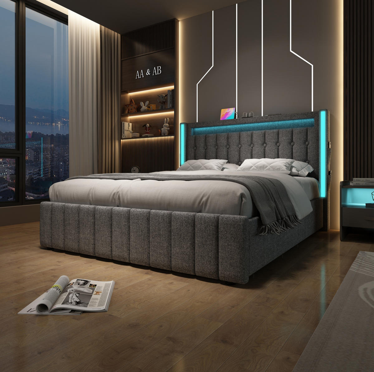 POLSTERBETT mit LED, USB und 4 Schubladen 160x200 cm Leinen Grau - Grau, Metall (160/200cm) - Meubliv