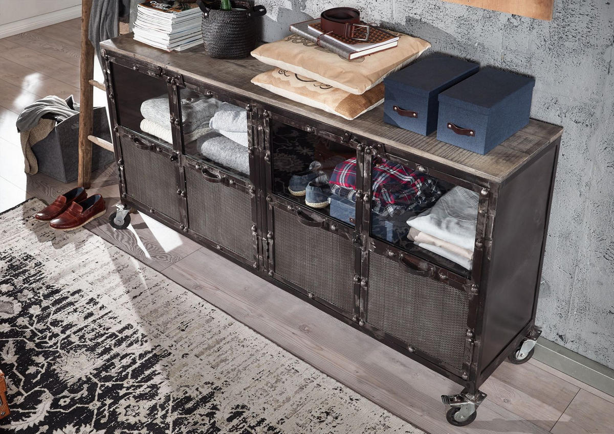 SIDEBOARD Mango 180x40x90 grau lackiert HEAVY INDUSTRY #115 - Grau, Holz (180/90/40cm) - Massivmoebel24