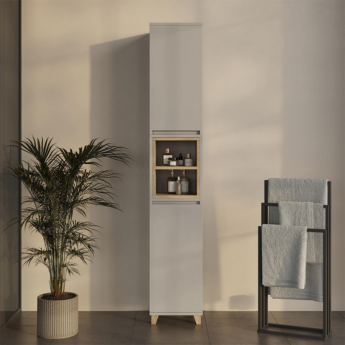 HOCHSCHRANK Elnor Greige/Eiche 30 x 170 cm mit 2 Türen - Greige/Eichefarben, Holzwerkstoff (30/170/30cm) - Vicco