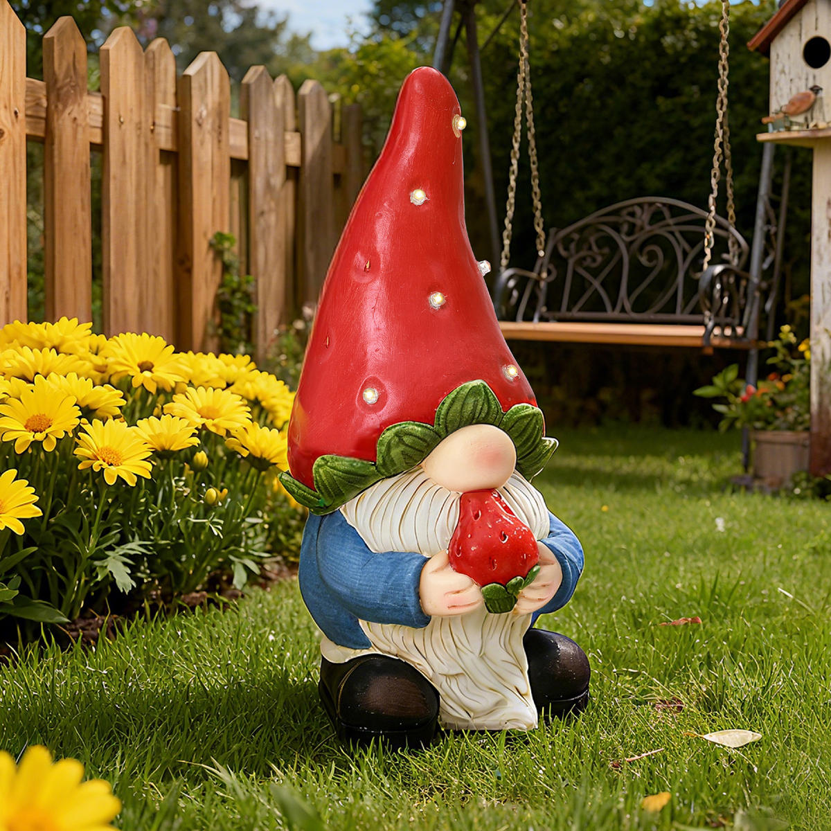 40 cm Erdbeer-Zwergelf LED Gartenfigur Zwerg, Garten- und Hofdekoration Geschenkidee für Mama - Multicolor, Naturmaterialien (19.5/40/19cm) - Hometopia