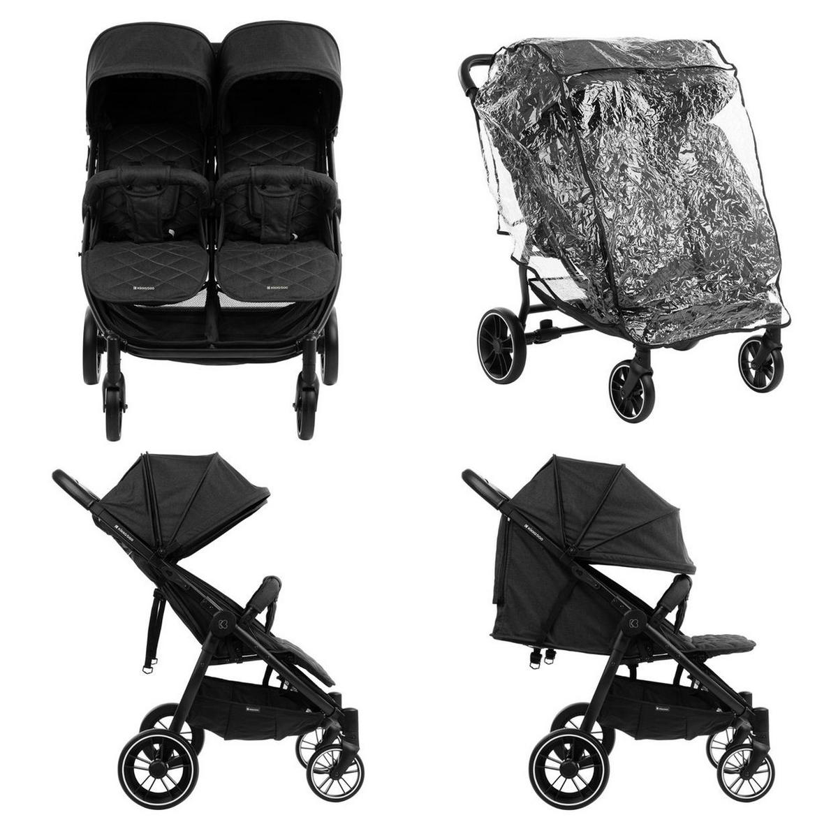 GESCHWISTERKINDERWAGEN Happy 2 black faltbar, Regenschutz, Fußsack, gefedert - Schwarz, Metall (79/73/104cm) - Kikka boo
