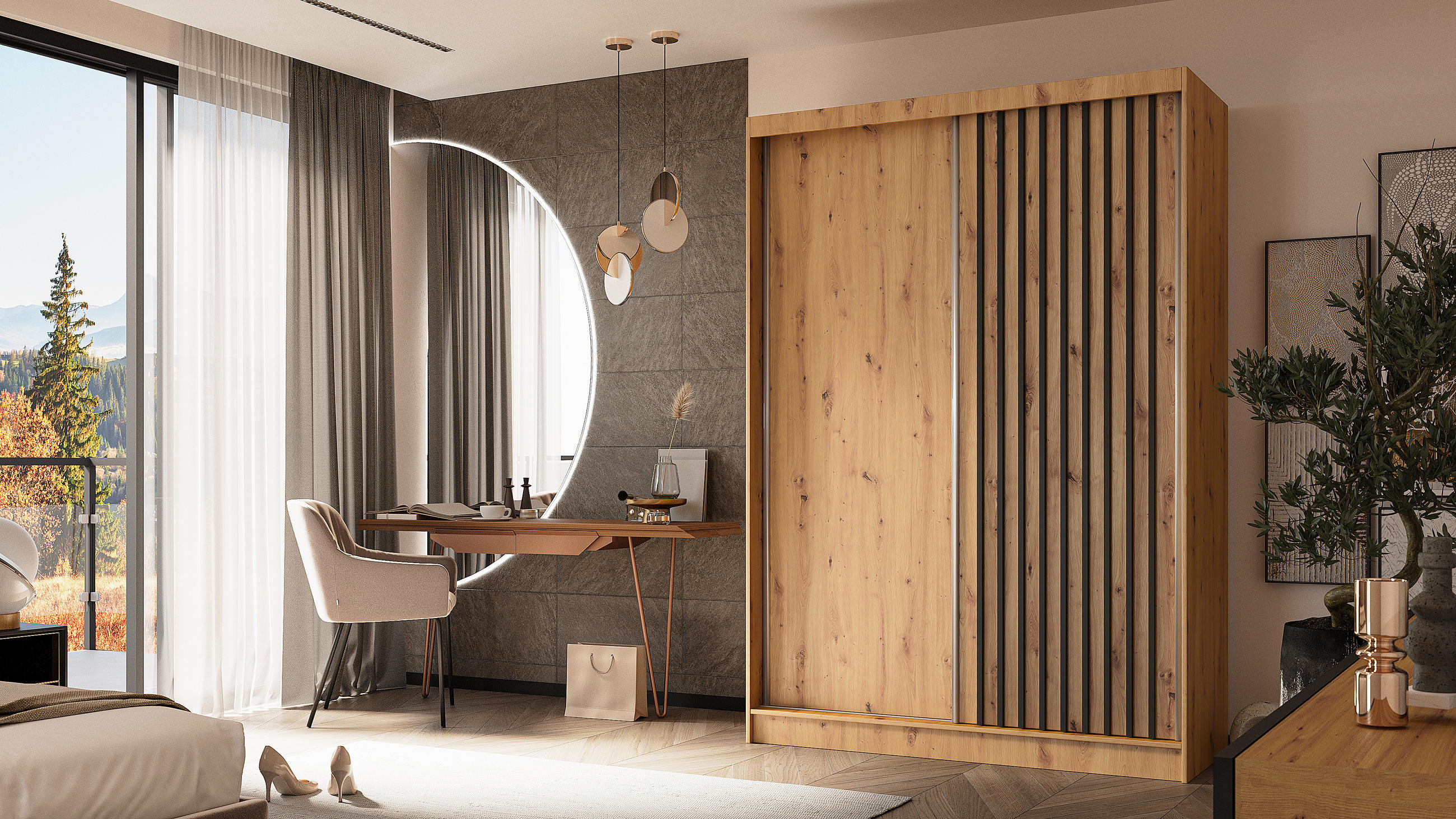 KLEIDERSCHRANK mit furnierten Schiebetüren und Aluminium-Leisten, LED-Beleuchtung - LABELO - 150 cm Artisan+Artisan+Schwarz - Schwarz/Eiche Artisan, Holzwerkstoff (150/216/61cm) - ALTDECOR