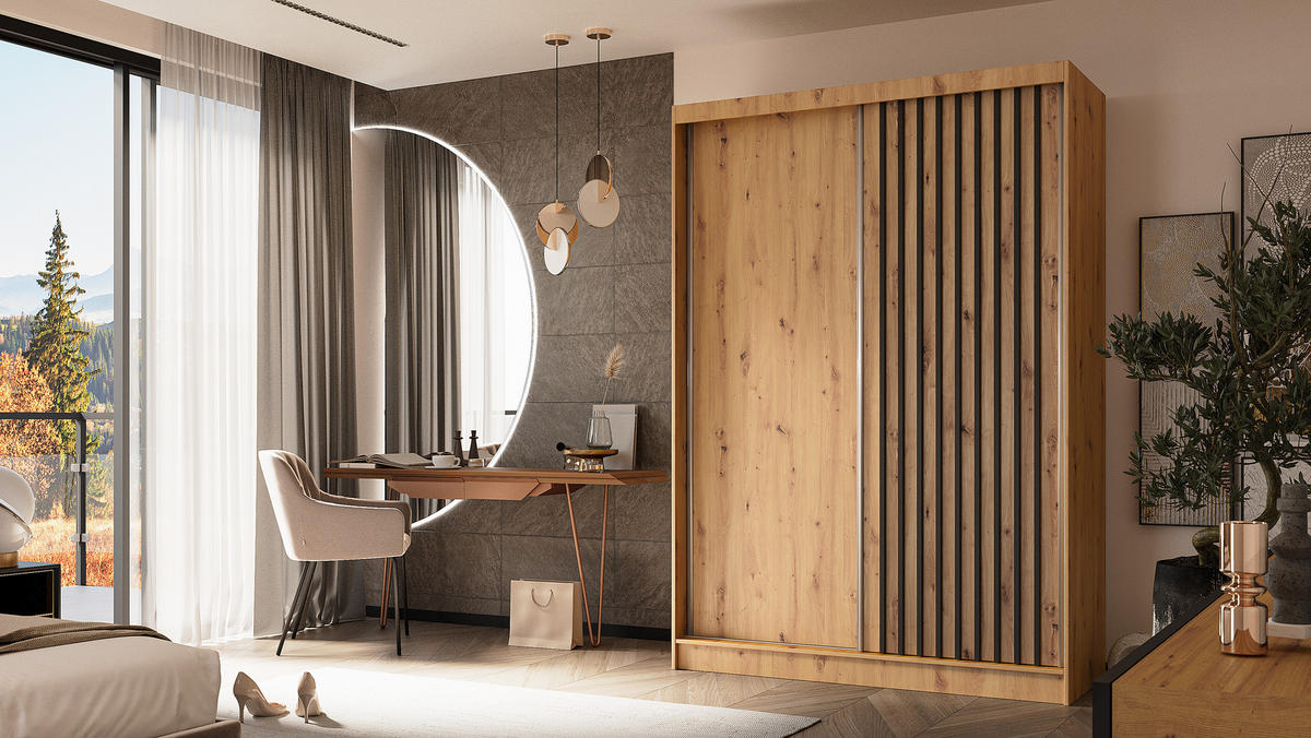 KLEIDERSCHRANK mit furnierten Schiebetüren und Aluminium-Leisten, LED-Beleuchtung - LABELO - 150 cm Artisan+Artisan+Schwarz - Schwarz/Eiche Artisan, Holzwerkstoff (150/216/61cm) - ALTDECOR