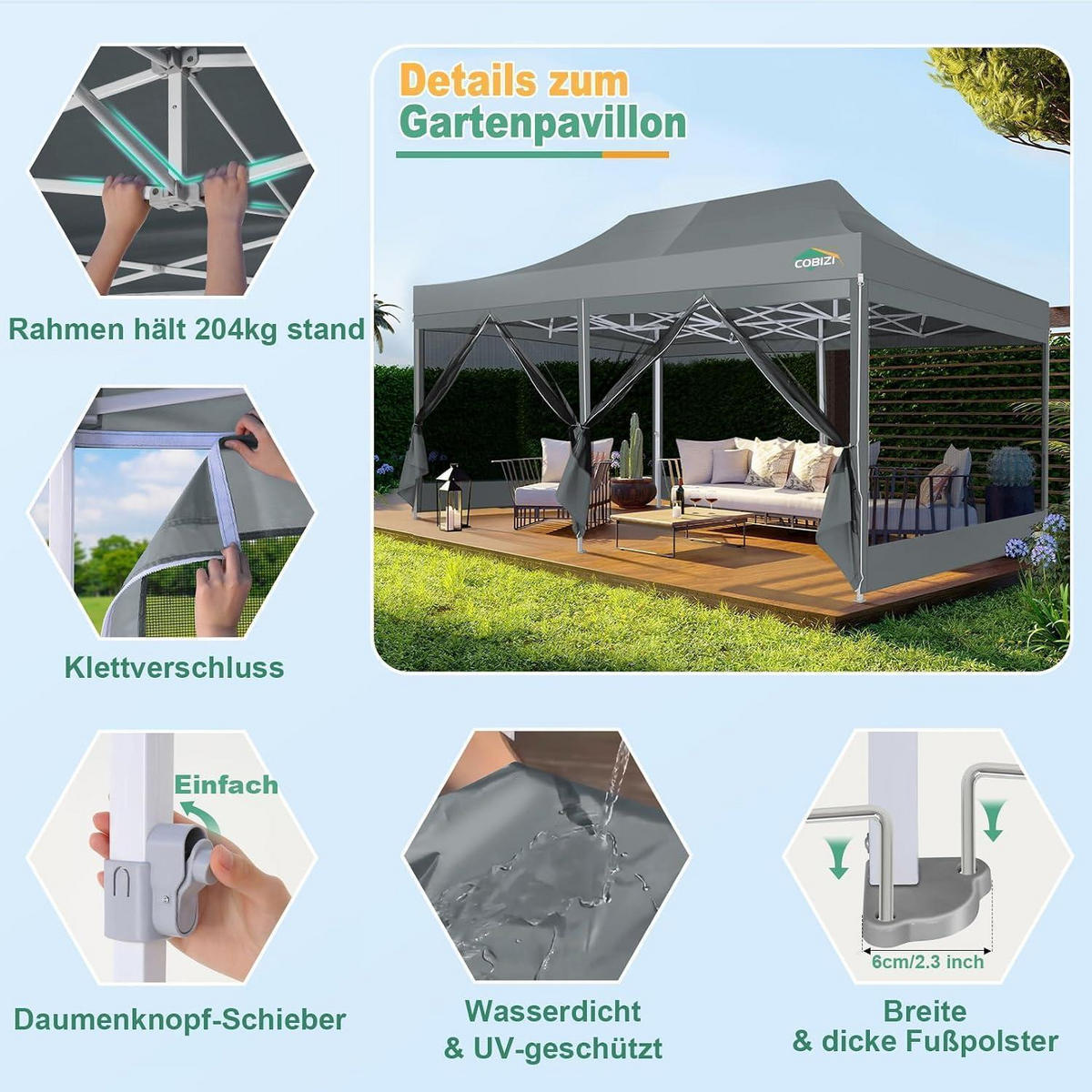 FALTPAVILLON 3 x 6 m mit Moskitonetz Grau - Grau, Textil (300/275/600cm)